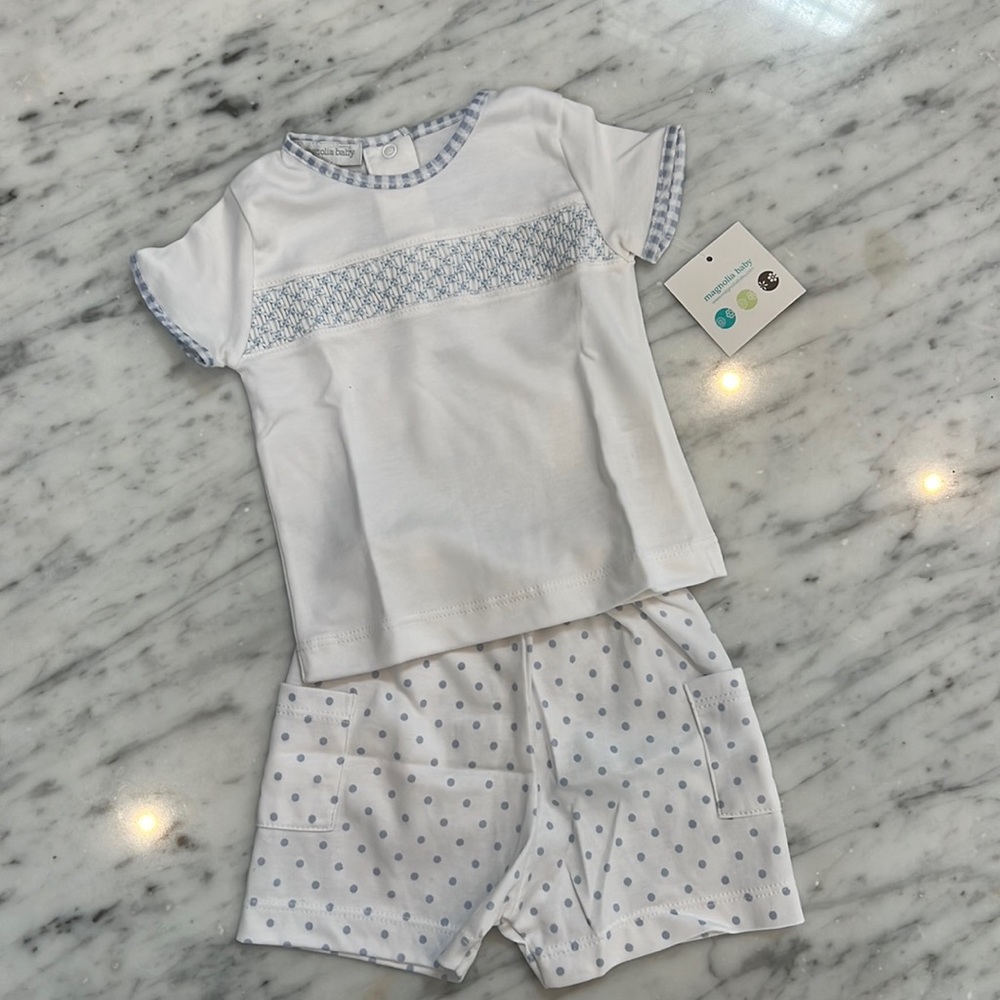 New Magnolia Baby Infant Blue White Smocked Polka Dot Short Set